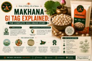Mithila Makhana GI tag certificate concept with makhana pods from a Bihar wetland pond