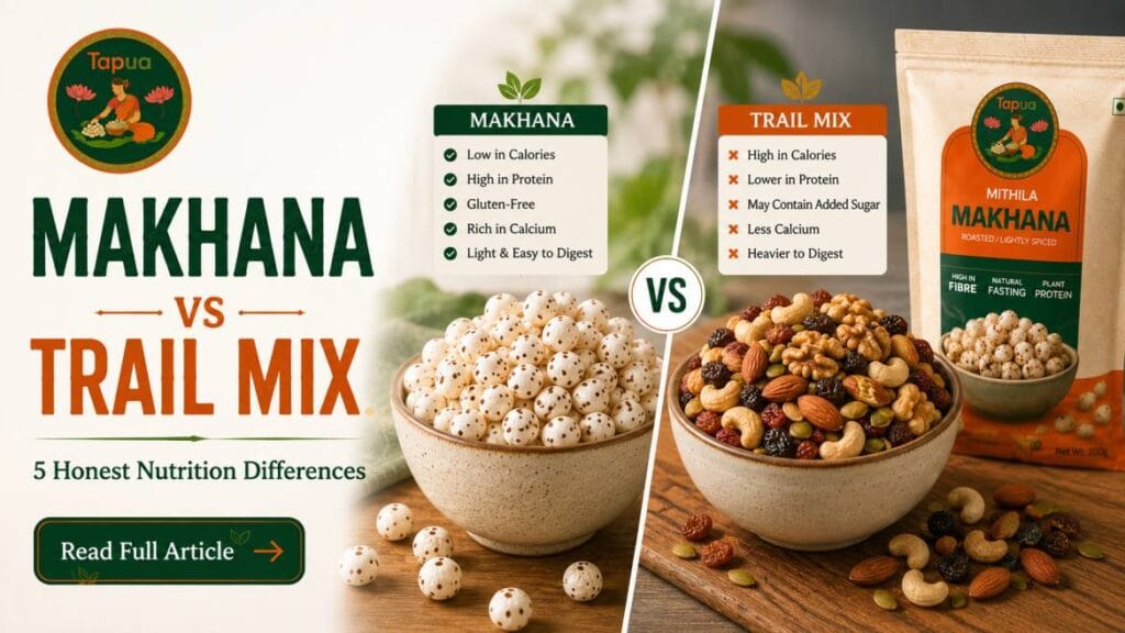 Bowl of roasted makhana next to a jar of trail mix on a kitchen counter