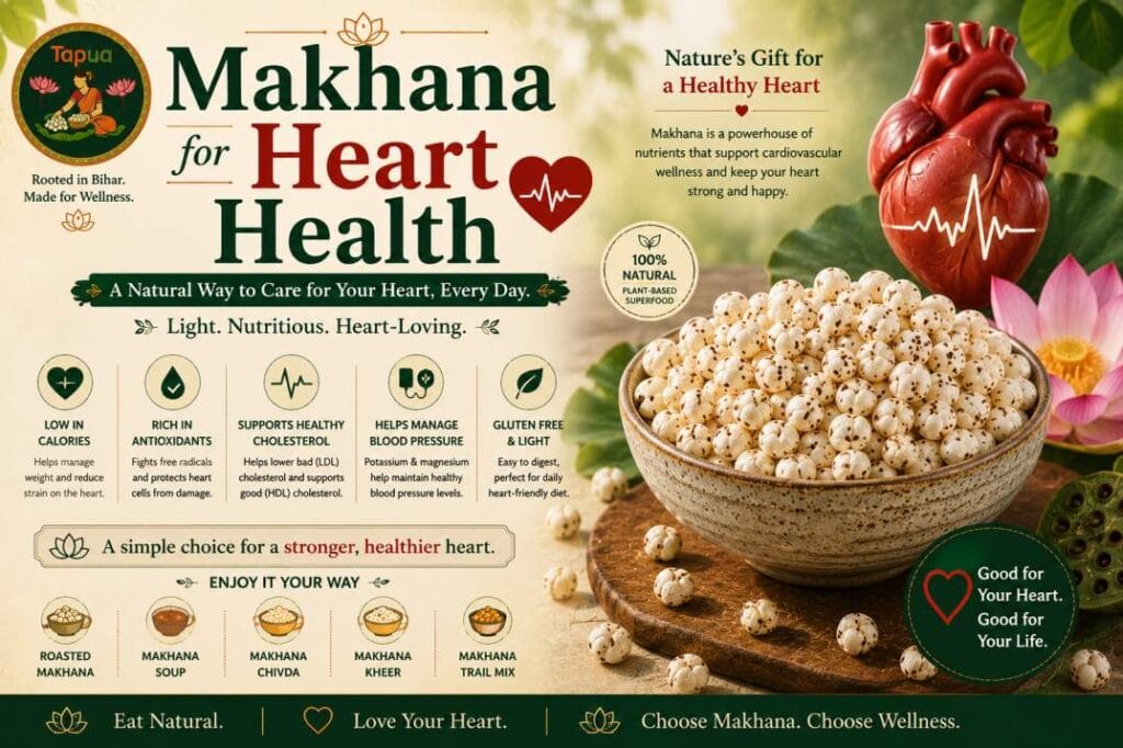 Bowl of roasted Tapua makhana next to heart-healthy foods