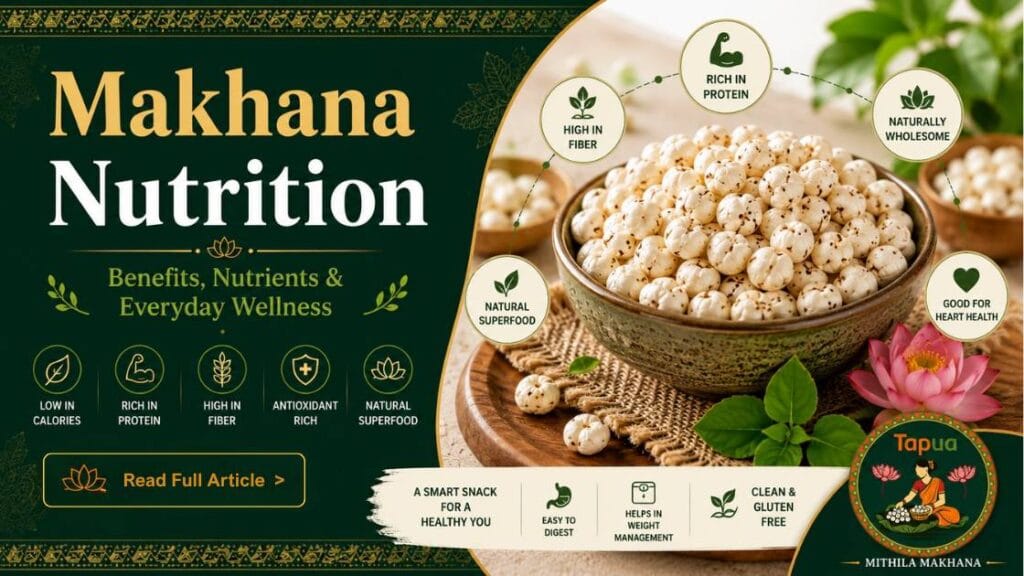Makhana nutrition facts chart — fox nuts calories protein fibre minerals per 100g