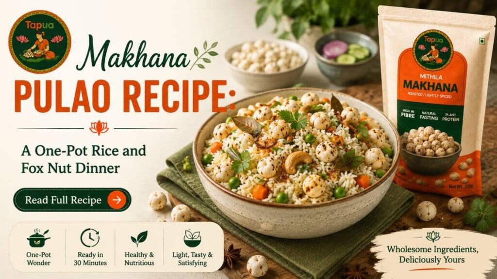 Bowl of makhana pulao garnished with fried onions and coriander