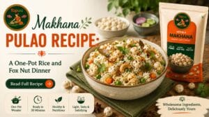 Bowl of makhana pulao garnished with fried onions and coriander
