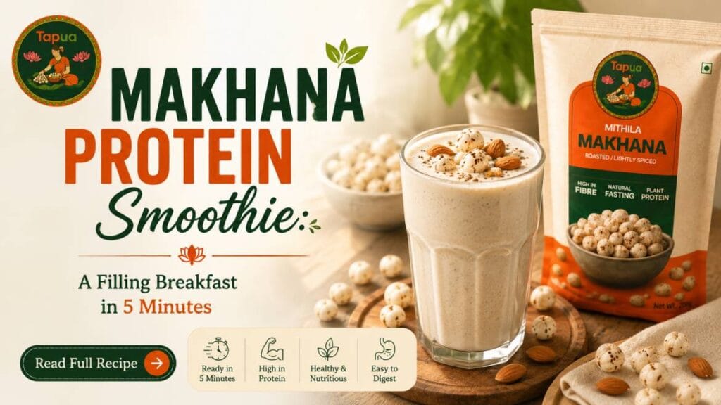 Glass of makhana protein smoothie topped with chia seeds and apple slices