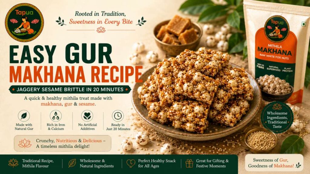 Gur makhana brittle with sesame seeds and jaggery coating in a dark bowl