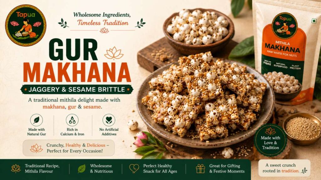 Gur makhana brittle with sesame seeds and jaggery coating in a dark bowl