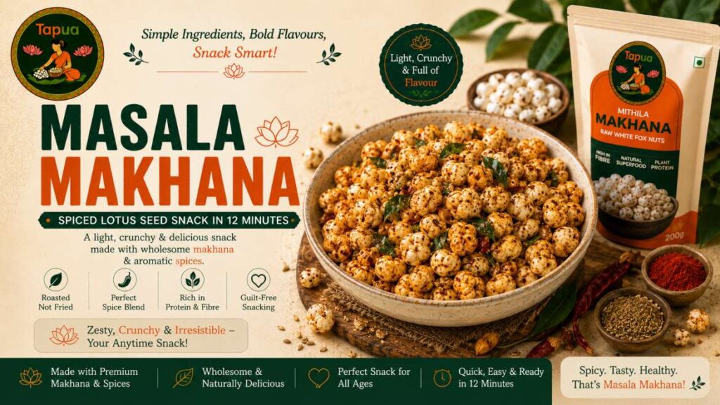 Masala makhana in a bowl, coated in red chilli, chaat masala and cumin spices