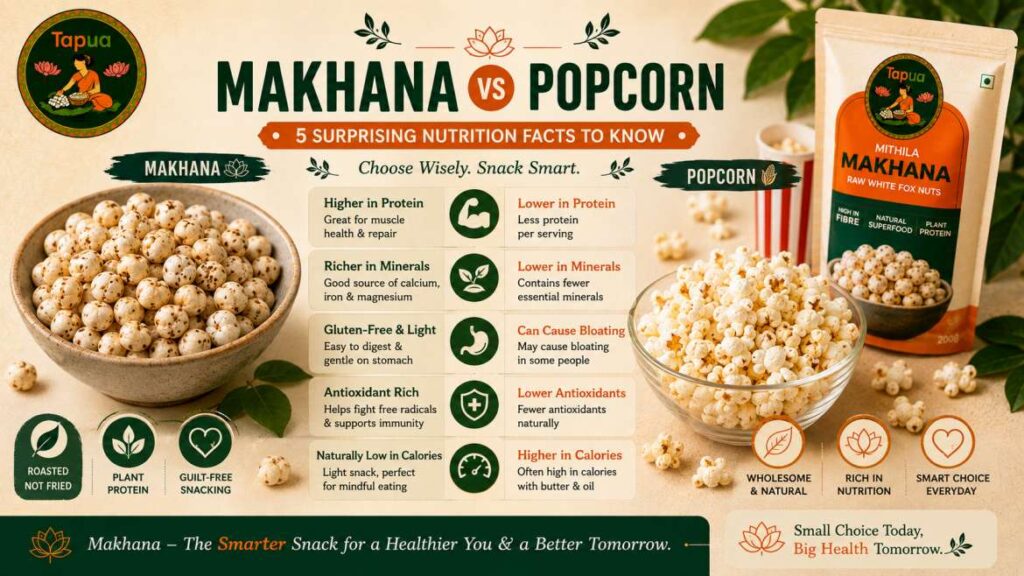 Bowl of roasted makhana next to a bowl of popcorn, side by side comparison