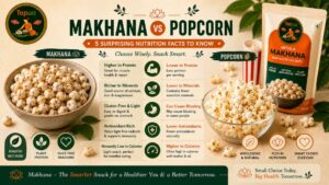 Bowl of roasted makhana next to a bowl of popcorn, side by side comparison