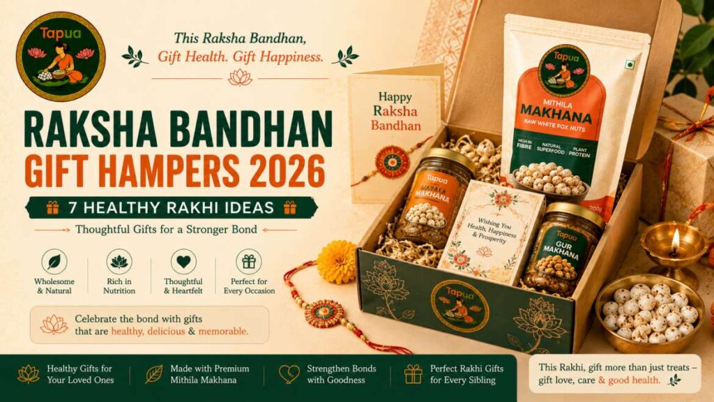 Raksha Bandhan gift hamper 2026 with makhana pouches, rakhi thread and a card