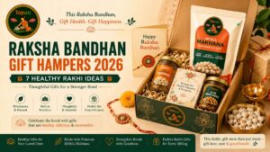 Raksha Bandhan gift hamper 2026 with makhana pouches, rakhi thread and a card