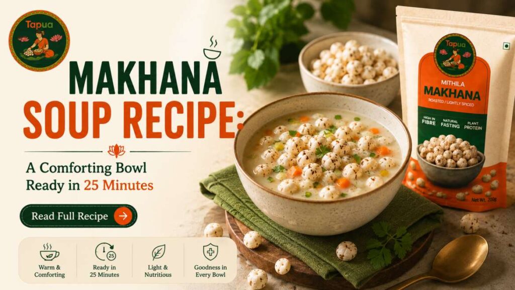 Bowl of makhana soup topped with roasted fox nuts and coriander