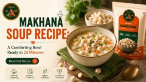 Bowl of makhana soup topped with roasted fox nuts and coriander